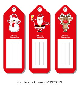Set vectors pattern for label Christmas type with figurines Santa Claus, deer and snowman isolated on white background