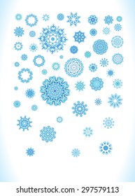 Set of vectors snowflakes. Snowflakes Christmas vector icons.  Blue snowflakes, fractals or mandala