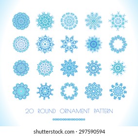 Set of vectors snowflakes. Snowflakes Christmas vector icons.  Blue snowflakes, fractals or mandala