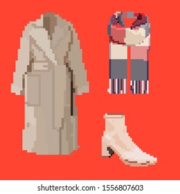 Set of vectors of warm fashionable clothes for autumn and winter in pixels: coat, scarf, boots