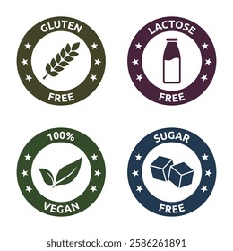 Set of vegan badges. Gluten, lactose, sugar free. Product packaging labels