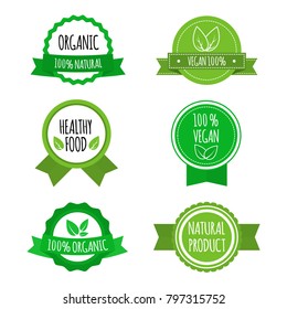 Set of vegan badges, icons, labels. Organic, healthy food logos for cafe restaurants products packaging. Vector illustration.