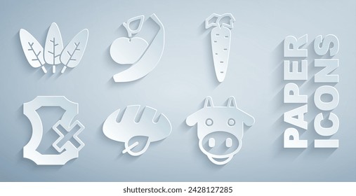Set Vegane Brotlaib, Karotte, Kein Leder, Kuhkopf, Apfel und Banane und Blatt-Ikone. Vektor