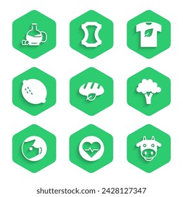 Set Vegan bread loaf, Heart rate, Cow head, Broccoli, Pig, Lemon, shirt and Bottle of olive oil icon. Vector