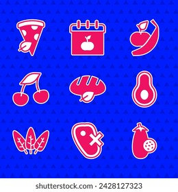 Set Vegan bread loaf, No meat, Eggplant, Avocado fruit, Leaf, Fresh berries, Apple and banana and pizza slice icon. Vector