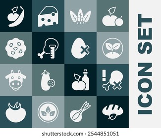 Set Vegan bread loaf, No chicken leg, Sprout, Leaf, Genetically modified, Cookie or biscuit, Apple and banana and egg icon. Vector