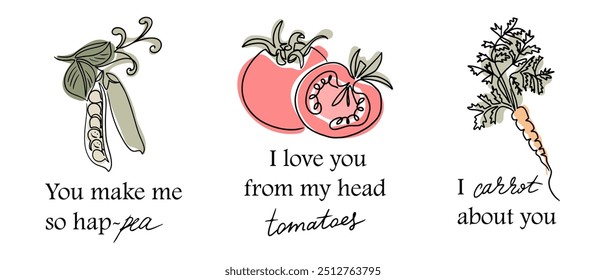 Set of Vegan contour prints with red tomatoes, carrots and green peas drawings in boho style and funny text. Botanical single line graphic print isolated on white background for t shirt, mug, poster