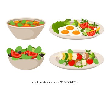 Set of vegan dishes. Vegetable salad, tomato soup, grilled vegetables with greens, scrambled eggs with broccoli. vector illustration isolated on white background