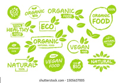 Set of Vegan, eco, bio, organic, fresh, healthy, 100 percent, nateral food. Natural product. Collection of emblem cafe, badges, tags, packaging. Vector illustration. - Shutterstock ID 1505637005