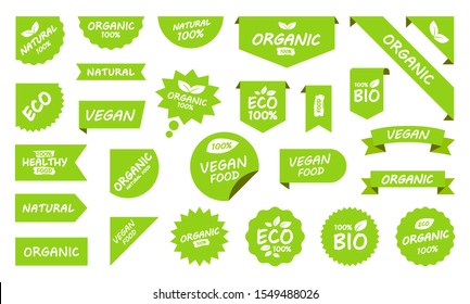 Set of Vegan, eco, bio, organic, fresh, healthy, 100 percent, nateral food. Natural product. Collection of emblem cafe, badges, tags, packaging. Vector illustration.