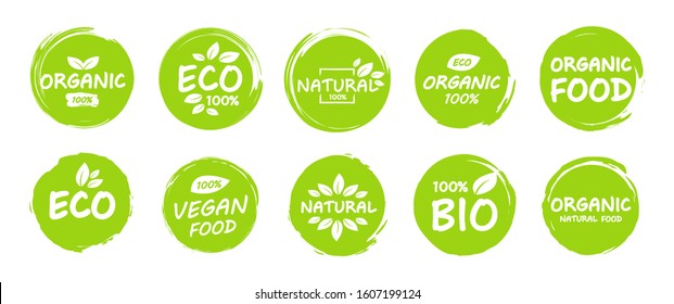 Set of Vegan, eco, bio, organic, fresh, healthy, 100 percent, nateral food. Natural product. Collection of emblem cafe, badges, tags, packaging. Vector illustration.