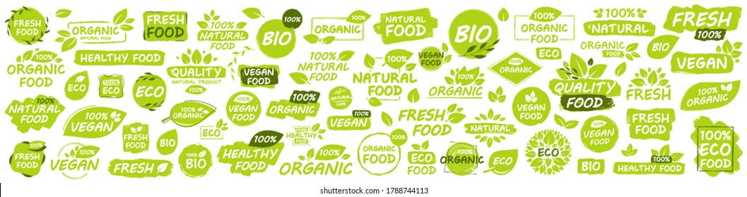 Set of Vegan, Eco, Bio, Organic, Fresh, Healthy, 100 percent, natural food. Natural product. Collection of 60 emblem, cafe, badges, tags, packaging. Vector illustration. - Shutterstock ID 1788744113