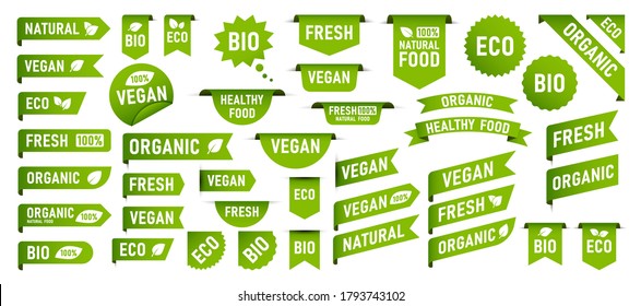 Set of Vegan, Eco, Bio, Organic, Fresh, Healthy, 100 percent, natural food. Natural product. Collection of 60 emblem, cafe, badges, tags, packaging. Vector illustration.