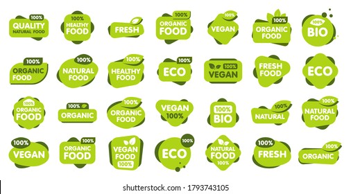 Set of Vegan, Eco, Bio, Organic, Fresh, Healthy, 100 percent, natural food. Natural product. Collection of 60 emblem, cafe, badges, tags, packaging. Vector illustration.