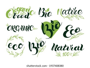 Set of vegan, eco, bio, organic, fresh, healthy, 100 percent, natural icons. Logo lettering. Vector illustration EPS 10.