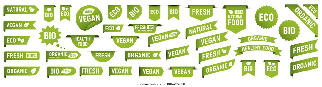 Set of Vegan, Eco, Bio, Organic, Fresh, Healthy, 100 percent, natural food. Natural product. Collection of 30 emblem, cafe, logos, badges tags label tag packaging Vector illustration.