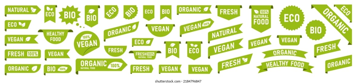 Set of Vegan, Eco, Bio, Organic, Fresh, Healthy, 100 percent, natural food. Natural product. Collection of 60 emblem, cafe, badges, tags, packaging. Vector illustration.