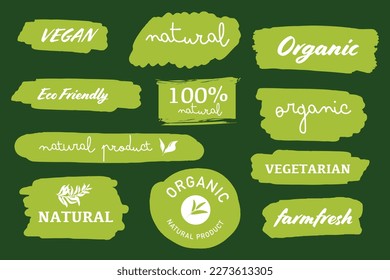 Set of Vegan, Eco, Bio, Organic, Fresh, Healthy, 100 percent, natural food. Natural product. Collection of green painting label. green banner.