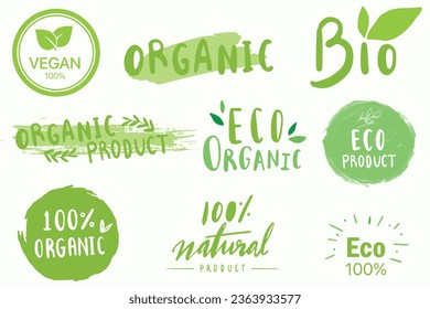 Set of Vegan, Eco, Bio, Organic, Fresh, Healthy, 100 percent, natural food. Natural product. Collection of 30 emblem, cafe, logos, badges, tags, label, tag, packaging. Vector illustration