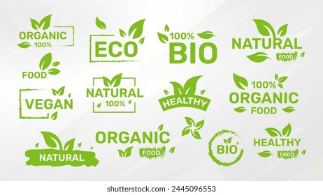 Set of Vegan, eco, bio, organic, fresh, healthy, 100 percent, nateral food. Natural product Collection of emblem cafe badges tags packaging Vector illustration