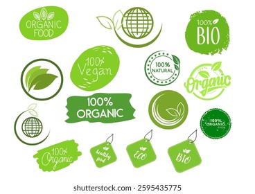 Set of Vegan, eco, bio, organic, fresh, healthy, 100 percent, natural food. Natural product. Collection of emblem cafe, badges, tags, packaging. Vector illustration.