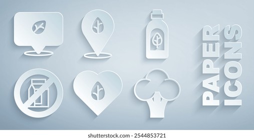 Set Vegan food diet, Essential oil bottle, No pack of milk, Broccoli,  and  icon. Vector