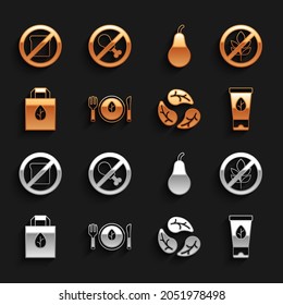 Set Vegan food diet, Gluten free grain, Organic cosmetic, Leaf or leaves, Shopping bag with recycle, Pear,  and No meat icon. Vector
