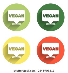Set Vegan food diet icon isolated with long shadow background. Organic, bio, eco symbol. Vegan, no meat, lactose free, healthy, fresh and nonviolent food. Color circle button. Vector