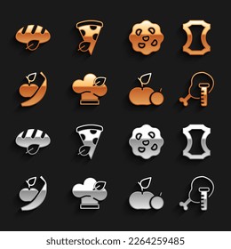 Set Vegan food diet, Leather, Genetically modified chicken, Apple, and banana, Cookie or biscuit, bread loaf and pizza slice icon. Vector
