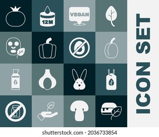 Set Vegan food diet, Plum fruit, Bell pepper, Facial cosmetic mask, Tomato and No meat icon. Vector