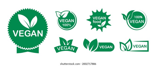 Set of vegan green icons. Vegan product 100 percent. Vegan green logo. Vegetarian food label. Collection logos and badges for healthy food. Vector illustration.