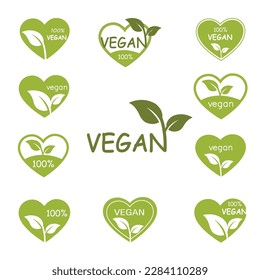 Set of vegan green icons. Vegan product 100 percent. Vegan green logo. Collection logos and badges for healthy food. Vector illustration.