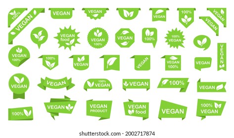 Set of vegan green labels. Vegan ribbons banners and tags for promotion vegetarian products. Vegan stickers for packaging food. Collection logos and badges for healthy food. Vector illustration.