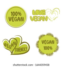 Set of vegan icons. 100% Vegan. Love Vegan. Vegan friendly. Fresh organic vegetarian food logo labels.  Vegetarian eco green concept. Eco labels set. Stickers for food products. Healthy food icons. 