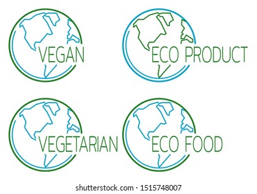 Set of vegan icons with globe outline. Information template for product labels and packing. Vector
