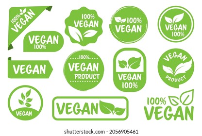 Set of vegan label tags. Natural green product. Fresh eco vegetarian products, healthy food. Organic food labels for emblem, packaging stickers and logos. Veganism, no meat, fresh and nonviolent food