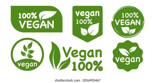 Set of vegan label tags. Natural green product. Fresh eco vegetarian products, healthy food. Organic food labels for emblem, packaging stickers and logos. Veganism, no meat, fresh and nonviolent food