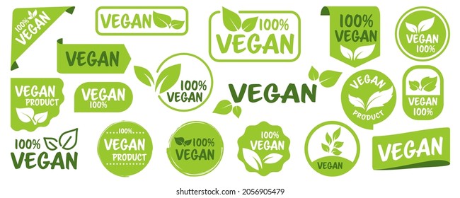 Set of vegan label tags. Natural green product. Fresh eco vegetarian products, healthy food. Organic food labels for emblem, packaging stickers and logos. Veganism, no meat, fresh and nonviolent food