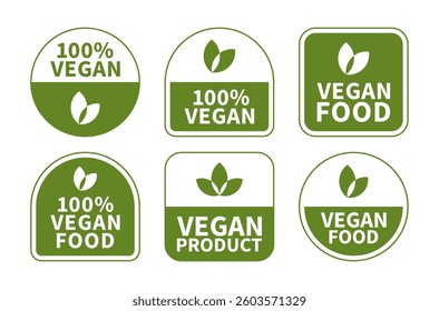 Set of vegan labels and badges in green with leaf icons. Bio, ecology and organic tag design. Ideal for logos, branding, packaging and product labeling. Vector illustration