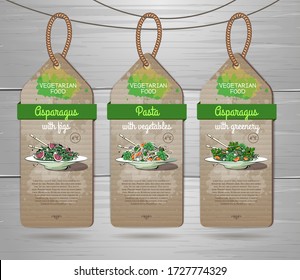 Set of vegan labels. Vegetarian menu design with vegan meal pasta and asparagus with vegetables. Restaurant menu