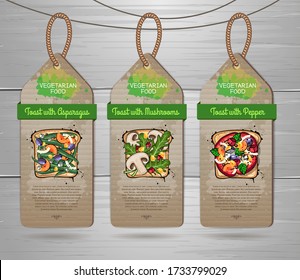 Set of vegan labels  with Vegetarian toasts menu design. Restaurant menu