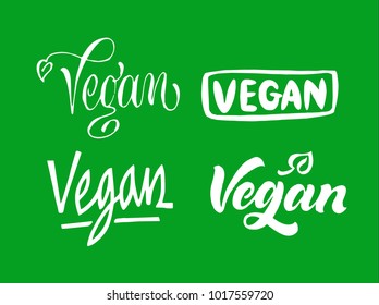 Set of Vegan lettering. Hand drawn calligraphy inscriptions. Brush pen modern text. Vegeterian Vegan organic life-style concept. Food logo design collection.