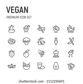 Set of vegan line icons. Premium pack of signs in trendy style. Pixel perfect objects for UI, apps and web.