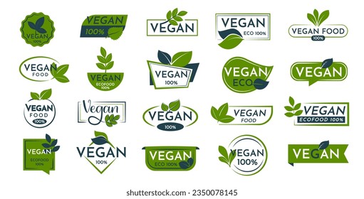 Set of vegan logo. Eco emblems, badges and plates in a vector illustration

