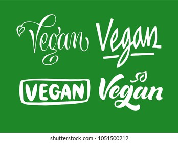 Set of Vegan logo lettering. Hand drawn calligraphy inscription. Brush pen modern text. Vegeterian organic life-style concept. Collection of food logo design for cafe, shop, store, menu, sticker. Eps8