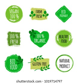 Set of vegan logos, badges, signs. Hand drawn bio, healthy food badges Vegan logo. Vector illustration.