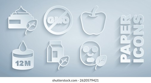 Set Vegan milk, Apple, Organic cosmetic, Facial mask, No GMO and  icon. Vector