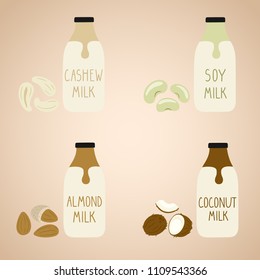 Set of vegan milk in a cartoon bottles. Soy, cashew, coconut, almond. Packaging. Vector hand drawn illustration.