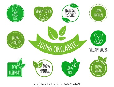 Set of vegan, organic, healthy food signs logos icons and labels. Healthy food badges, tags set for cafe, restaurants, products packaging etc.