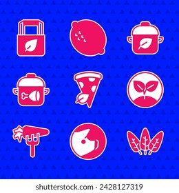 Set Vegan pizza slice, Pig, Leaf, Sprout, Carrot, Cooking pot and chicken leg, food diet and Shopping bag with recycle icon. Vector